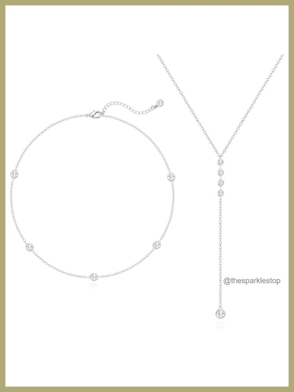 Dainty Lariat Layered CZ Bead Bar Y Necklace Silver Plated Gold Plated